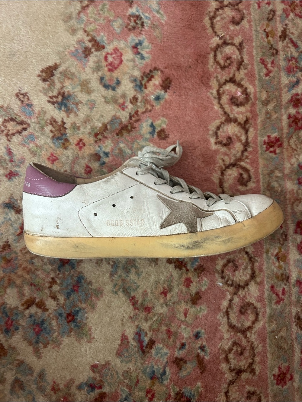 White Leather Sneaker with Brown Star and Purple Heel Tab